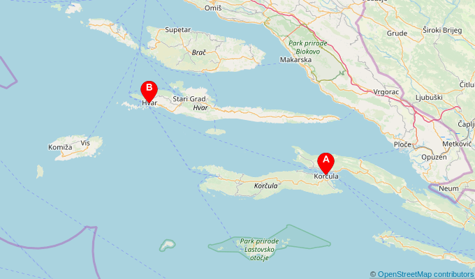 Map of ferry route between Korcula and Hvar